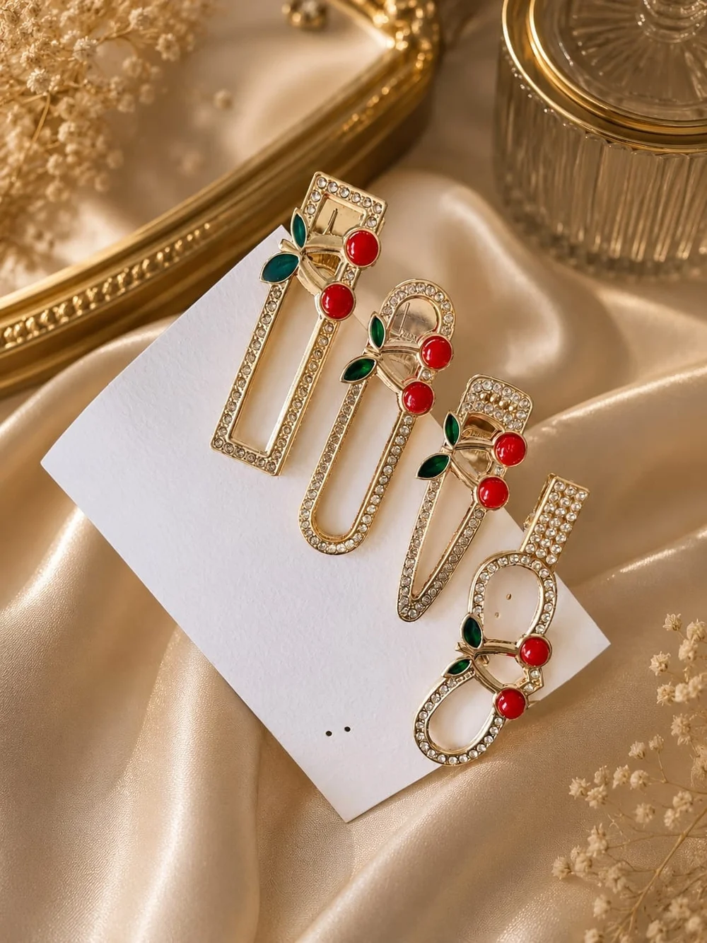 Set of 4 Gold Tone Alloy Cherry Hair Clips with Rhinestone Accents